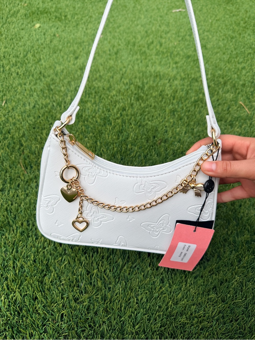 Amazon White Embossed Butterfly Mini Shoulder Bag with Gold Charms